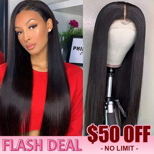 VSHOW Straight Human Hair Lace Front Wigs Natural Black Flash Deal