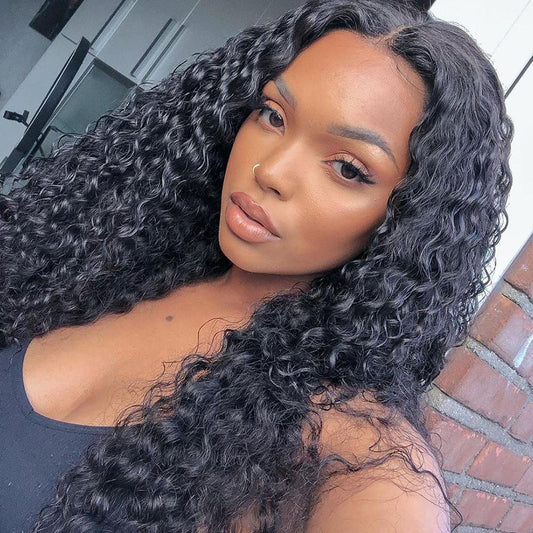 VSHOW Transparent Lace Front Wigs Water Wave Human Hair Natural Black