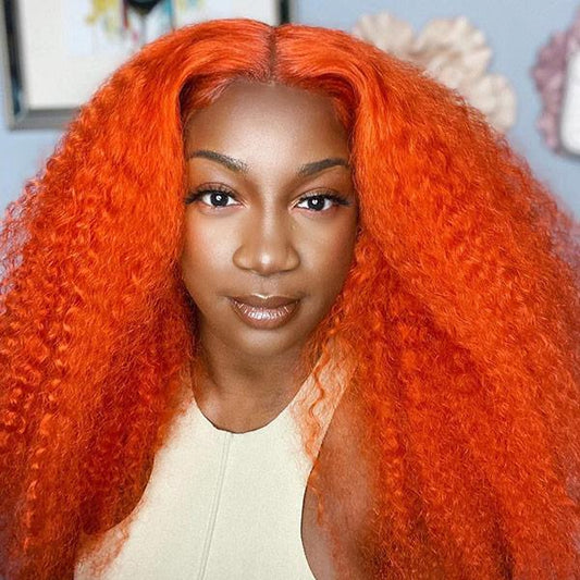 VSHOW Lace Front Human hair Wig Colored Hair Wigs Orange Hair Kinky Curly Hair