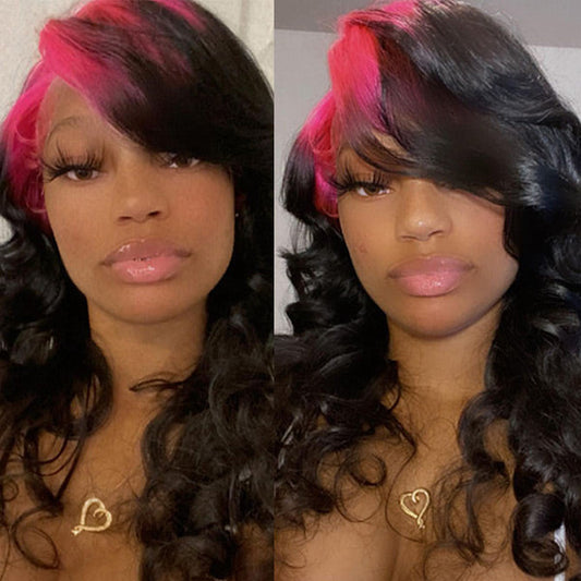 VSHOW Sparkle Pink Roots Black Color Wig 13x4 Transparent Lace Front Human Hair Wigs Flat Iron Curls