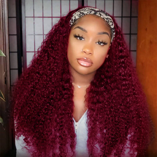 VSHOW HAIR Premium Burgundy 99J Kinky Curly Hair Headband Wigs 180% Density Glueless None Lace Wig