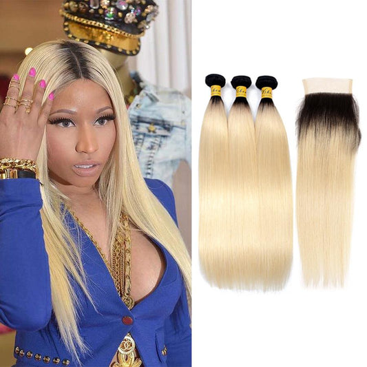 VSHOW HAIR Human Virgin Hair 1b#613 Blonde Straight 3 or 4 Bundles with Closure