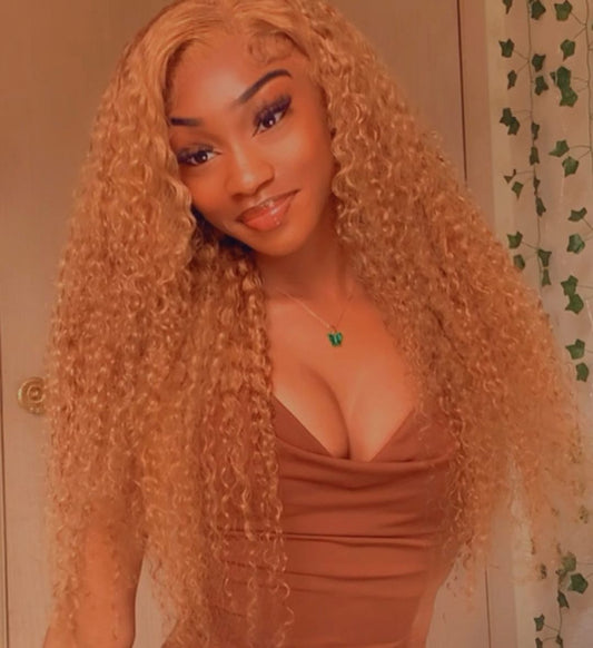VSHOW Water Wave Human Hair Wigs Honey Blonde #27 Color Hair Transparent lace Wigs