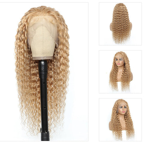 VSHOW Deep Wave Human Hair Wigs Honey Blonde #27 Color Hair Transparent lace Wigs