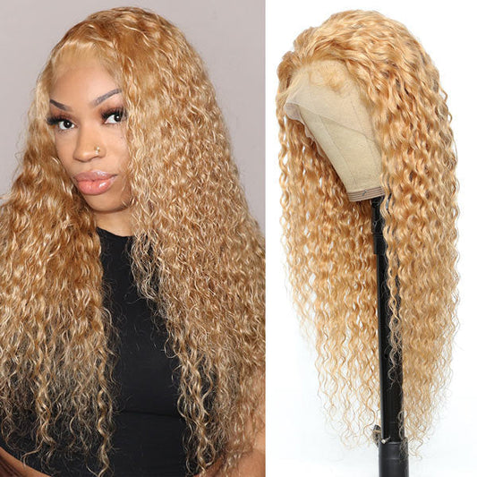 VSHOW Deep Wave Human Hair Wigs Honey Blonde #27 Color Hair Transparent lace Wigs