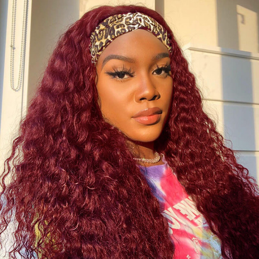 VSHOW HAIR Premium Burgundy 99J Water Wave Hair Headband Wigs 180% Density Glueless None Lace Wig