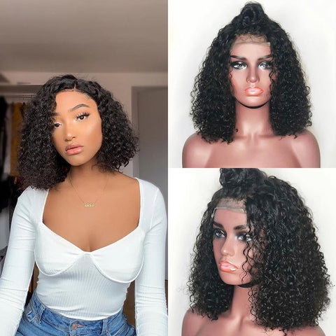 VSHOW HAIR Premium 9A Bob Kinky Curly Human Hair Lace Front Wigs Natural Black