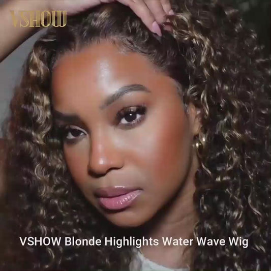 VSHOW HAIR Water Wave Hair Wig Brown Hair with Blonde Highlights Lace Front Wigs Color