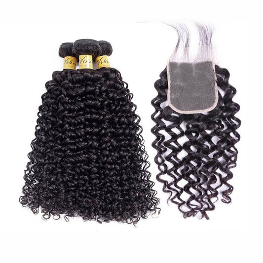 VSHOW HAIR Premium 9A Indian Human Virgin Hair Water Wave 3 Bundles with Pre Plucked Closure Deal Natural Black