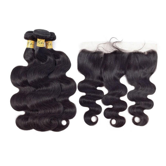 VSHOW HAIR Premium 9A Mongolian Human Virgin Hair Body Wave 3 Bundles with Pre Plucked 13x4 Frontal Natural Black