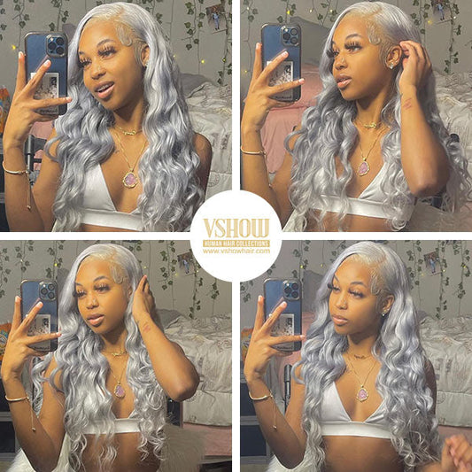 VSHOW Gray Hair Styles Straight Hair Balayage Ash Grey Hair Lace Front Wig Human Hair