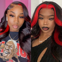VSHOW Red Skunk Stripe Hair Lace Front Wig Transparent Lace Front Human Hair Wigs Flat Iron Curls