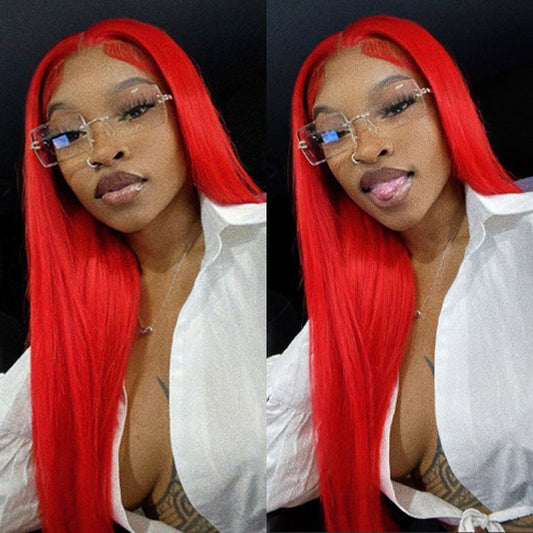 VSHOW Bright Red Color Straight Hair Lace Front Human Hair Wigs Popular Color Wigs