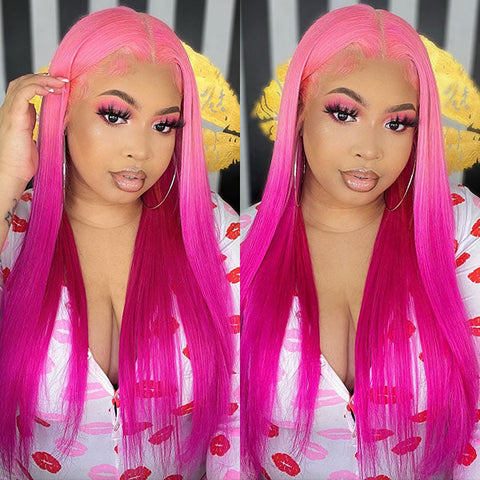 VSHOW Light Pink Hair to Darker Pink Hair Long Straight Hair Lace Front Wigs Ombre Pink Hair Fashion Wigs