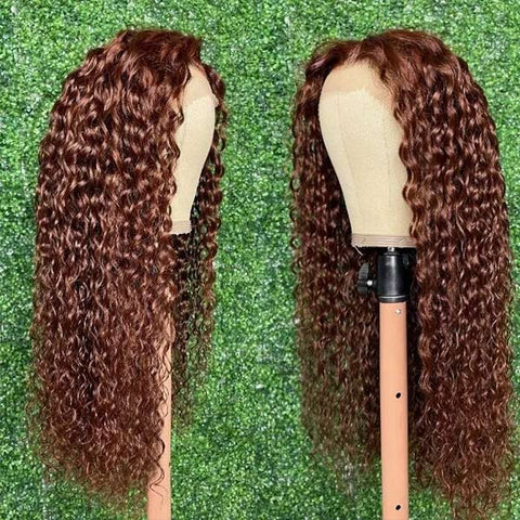 VSHOW Dark Auburn Hair Color Wigs Water Wave Curly Hair Transparent lace Human Hair Wigs 180 Density