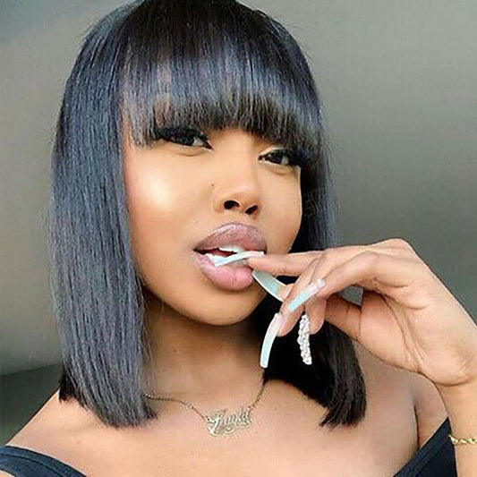 VSHOW HAIR Bob Straight Human Hair Wigs with Bangs Natural Black