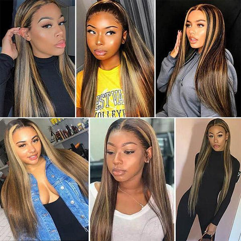 VSHOW HAIR Highlight Wig Brown Colored Human Hair Wigs Ombre Straight Lace Front Wig Highlight Human Hair Wigs