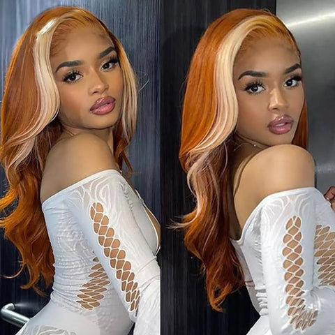 VSHOW Ginger Wigs With Blonde Skunk Stripe Hair Body Wave Hair Transparent Lace Frontal Wigs