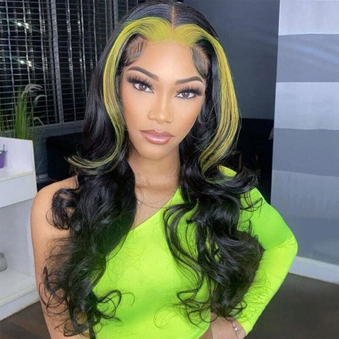 VSHOW Green Skunk Stripe Hair Flat Iron Curls Transparent Lace Human Hair Colorful Wigs