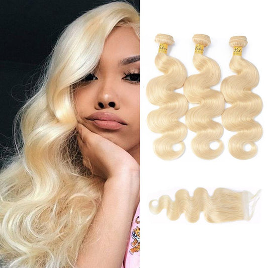 VSHOW HAIR Human Virgin Hair #613 Blonde Body Wave 3 or 4 Bundles with Closure