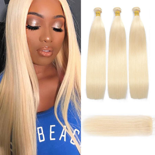 VSHOW HAIR Human Virgin Hair #613 Blonde Straight 3 or 4 Bundles with Closure