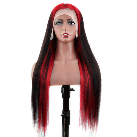 VSHOW Black Hair And Red Color Underneath Two Colors Sraight Hair Peekaboo Wigs