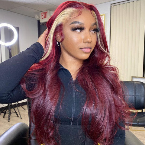 VSHOW Burgundy with Blonde Stripe Color Hair Transparent Lace Front Wigs Straight Hair 99J Red Wine Color Wig