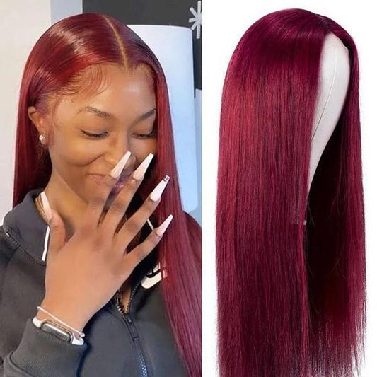 VSHOW Burgundy Hair Color Short Straight Hair Human Hair Lace Front Wigs With Pre-plucked