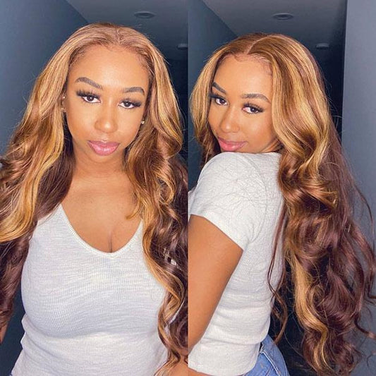 VSHOW Body Wave Perm Brown Hair With Blonde Highlights Human Hair Lace Front Wigs