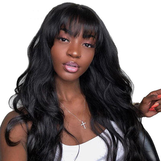 VSHOW Long Curly Body Wave Human Hair None Lace Wigs with Bangs