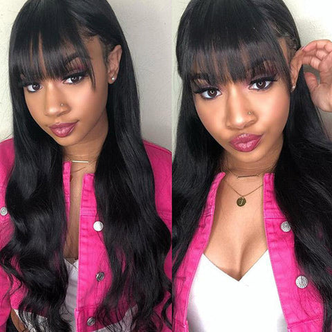 VSHOW Long Hair Wigs Body Wave Human Hair None Lace Wigs with Bangs
