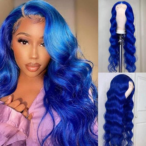 VSHOW Blue Hair Color Lace Front Wigs Body Wave Perm Human Hair Wigs Cosplay Wigs