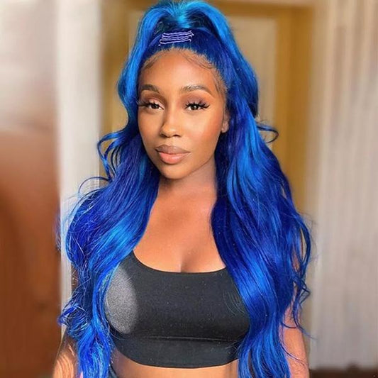 VSHOW Blue Hair Color Lace Front Wigs Body Wave Perm Human Hair Wigs Cosplay Wigs