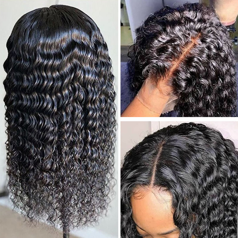 VSHOW HAIR Premium Deep Wave Human Hair 4x4 Lace Closure Wigs Natural Black