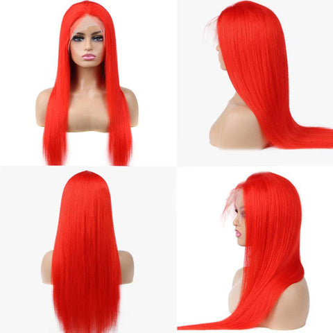VSHOW Bright Red Color Straight Hair Lace Front Human Hair Wigs Popular Color Wigs