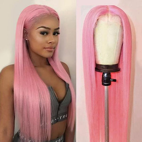 VSHOW Light Pink Hair Anime Girl Long Straight Hair Lace Front Wigs Peach Pink Hair Cosplay Wigs