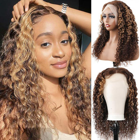 VSHOW HAIR Water Wave Hair Wig Brown Hair with Blonde Highlights Lace Front Wigs Color
