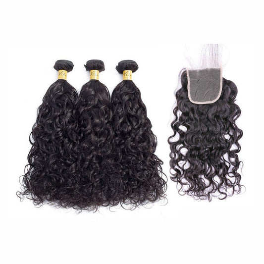 VSHOW HAIR Premium 9A Brazilian Human Virgin Hair Natural Wave 3 Bundles with Pre Plucked Closure Deal Natural Black