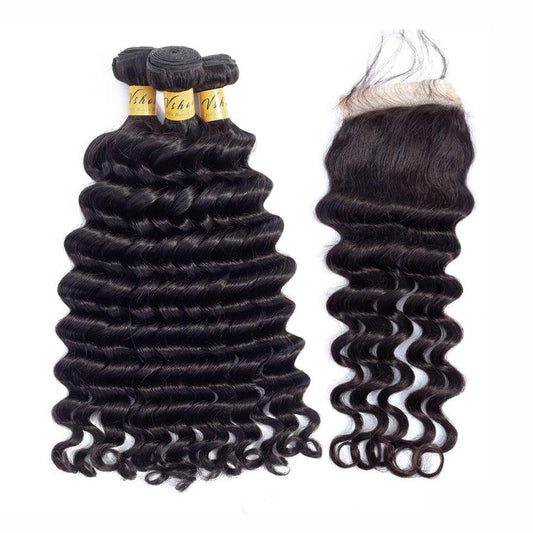 VSHOW HAIR Premium 9A Brazilian Human Virgin Hair Loose Deep Wave 3 Bundles with Pre Plucked Closure Deal Natural Black