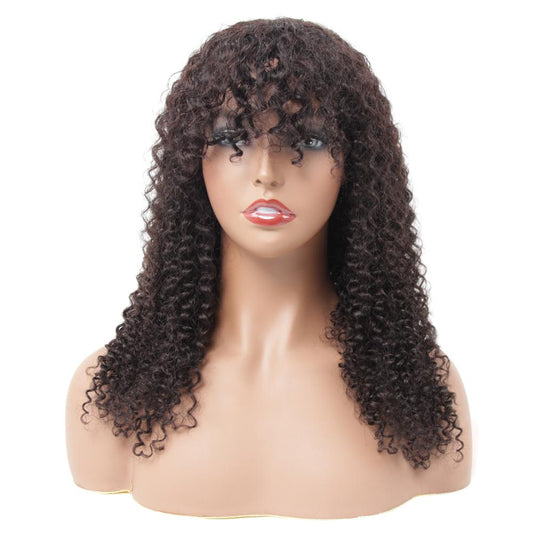 VSHOW Mongolian Kinky Curly Natural Look Human Hair None Lace Wigs with Bangs