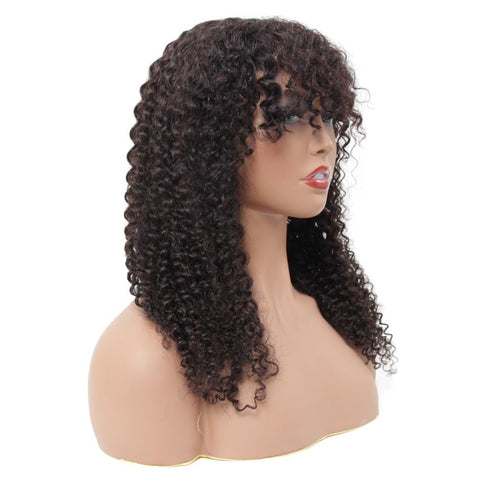 VSHOW Mongolian Kinky Curly Natural Look Human Hair None Lace Wigs with Bangs