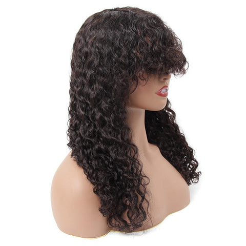 VSHOW HAIR Premium 9A Water Wave Human Hair None Lace Wigs with Bangs
