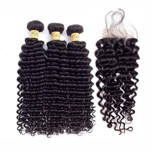 VSHOW HAIR Premium 9A Brazilian Human Virgin Hair Deep Wave 3 Bundles with Pre Plucked Closure Deal