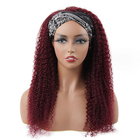 VSHOW HAIR Premium Burgundy 99J Kinky Curly Hair Headband Wigs 180% Density Glueless None Lace Wig