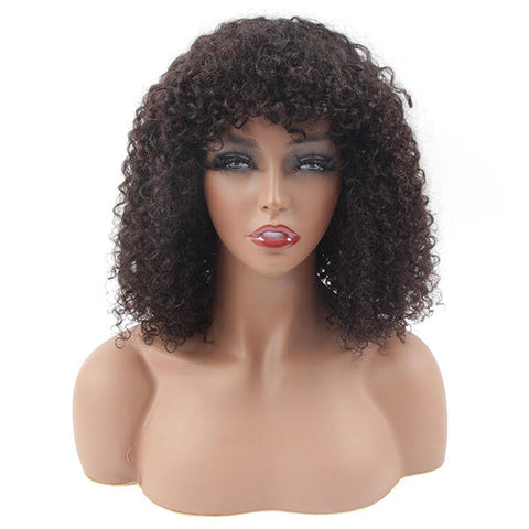 VSHOW Stunning Look Bob Kinky Curly Human Hair Wigs with Bangs Natural Black
