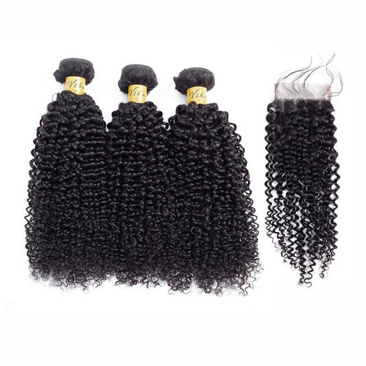 VSHOW HAIR Premium 9A Brazilian Human Virgin Hair Kinky Curly 3 Bundles with Pre Plucked Closure Deal Natural Black