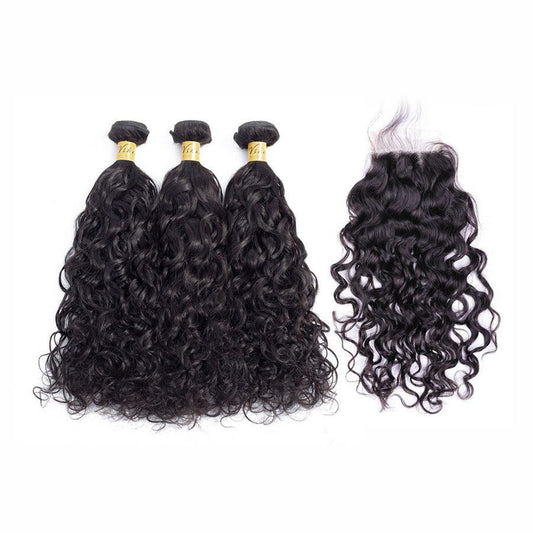 VSHOW HAIR Premium 9A Brazilian Human Virgin Hair Natural Wave 3 Bundles with Pre Plucked Closure Deal Natural Black