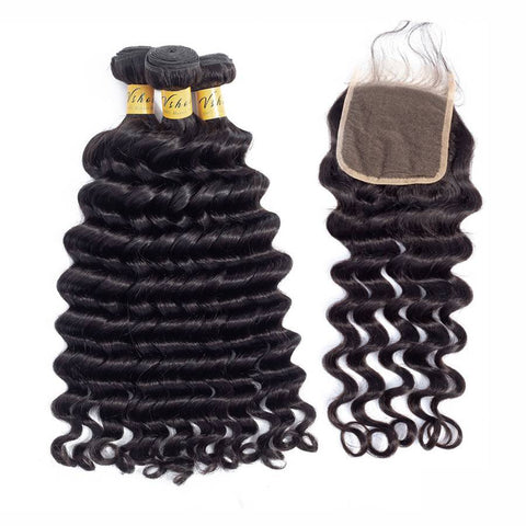VSHOW HAIR Premium 9A Brazilian Human Virgin Hair Loose Deep Wave 3 Bundles with Pre Plucked Closure Deal Natural Black