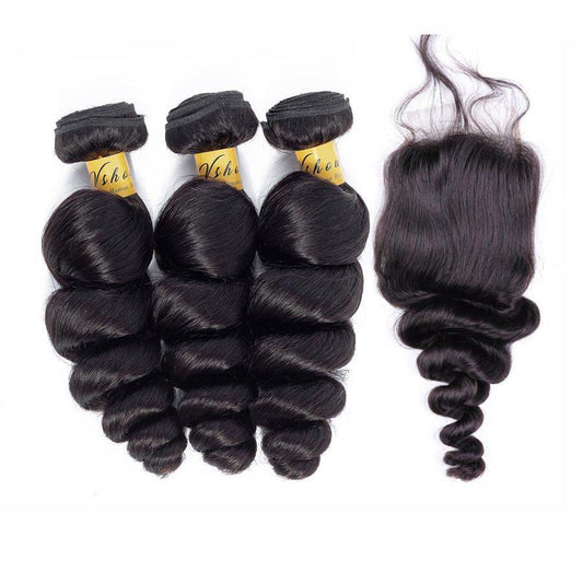 VSHOW HAIR Premium 9A Brazilian Human Virgin Hair Loose Wave 3 Bundles with Pre Plucked Closure Deal Natural Black