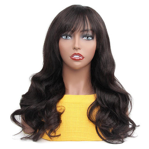 VSHOW Long Wavy Hair Body Wave Human Hair None Lace Wigs with Bangs